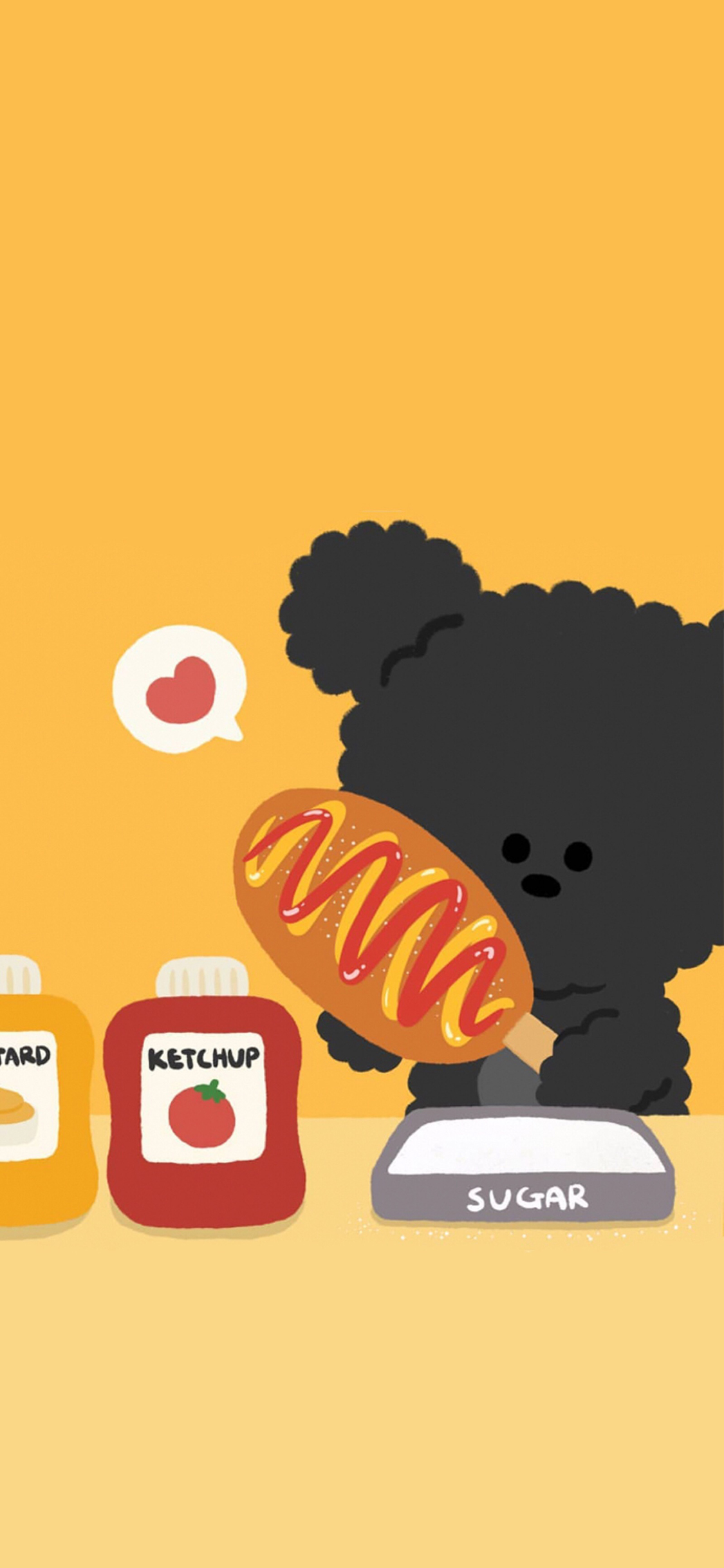 [2436×1125]卡通 小狗 吃热狗 爱心 苹果手机动漫壁纸图片