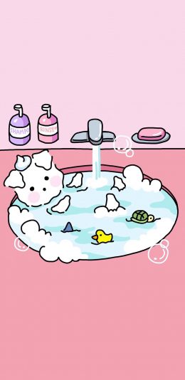[2436x1125]卡通 小狗 泡澡 可爱 粉色 苹果手机动漫壁纸图片