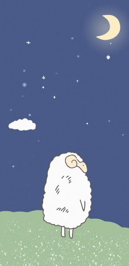 [2436x1125]卡通 小羊 月亮 星星 苹果手机动漫壁纸图片