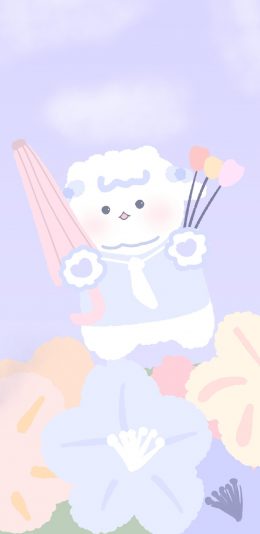 [2436x1125]卡通 小羊 花朵 紫色系（取自微博：周游水星） 苹果手机动漫壁纸图片