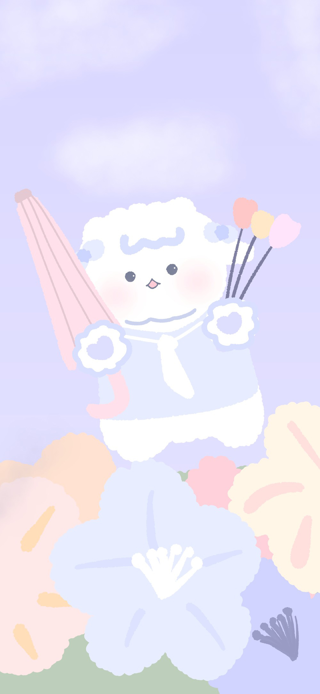 [2436×1125]卡通 小羊 花朵 紫色系（取自微博：周游水星） 苹果手机动漫壁纸图片