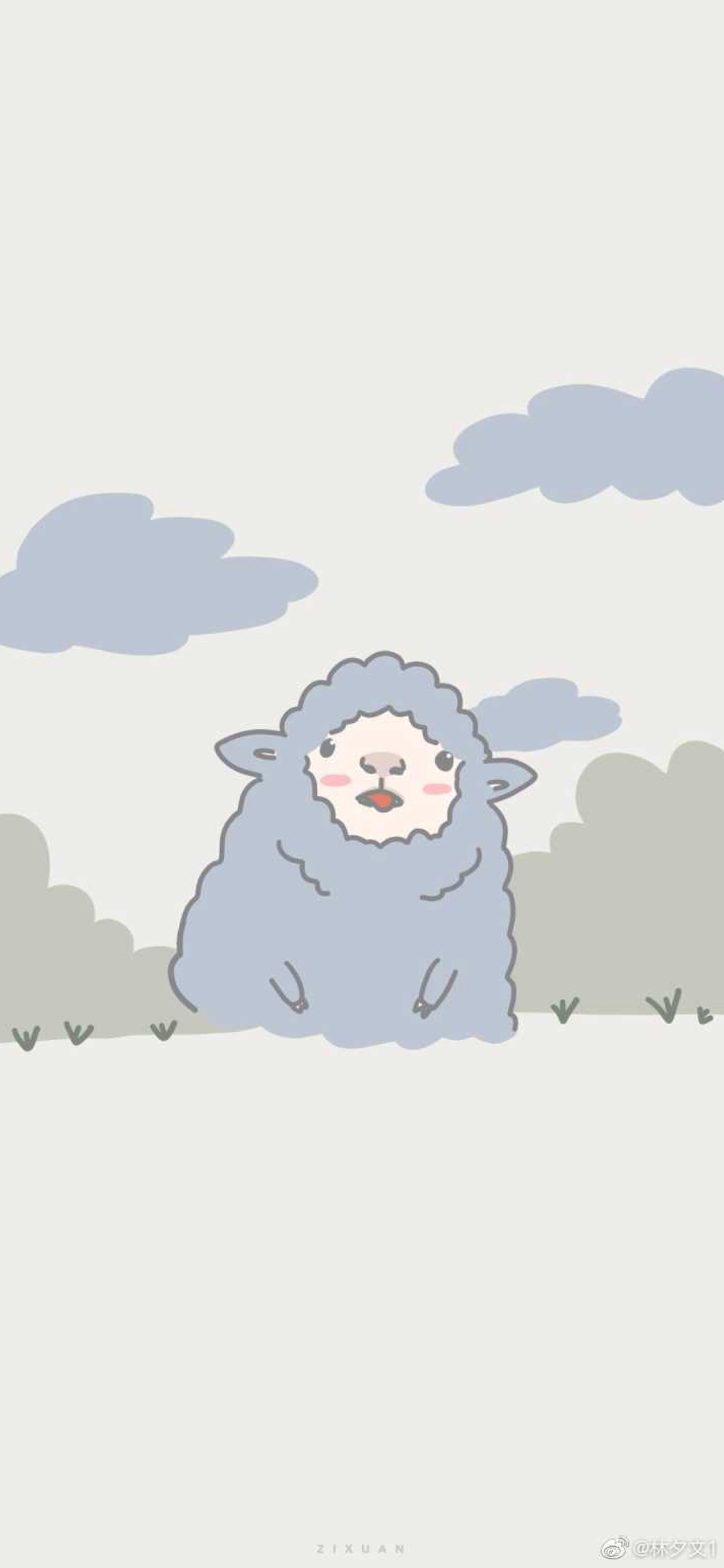 [2436×1125]卡通 小羊 蓝色 可爱 苹果手机动漫壁纸图片