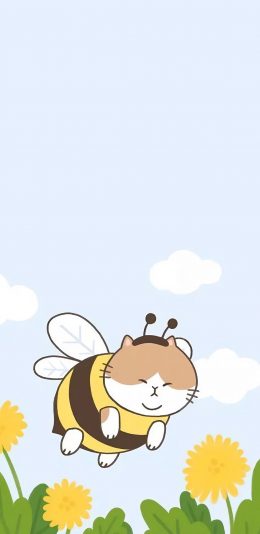 [2436x1125]卡通 小蜜蜂 猫咪 花朵 苹果手机动漫壁纸图片