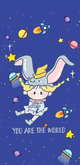 [2436x1125]卡通 小飞象 女孩 宇宙 行星 苹果手机动漫壁纸图片