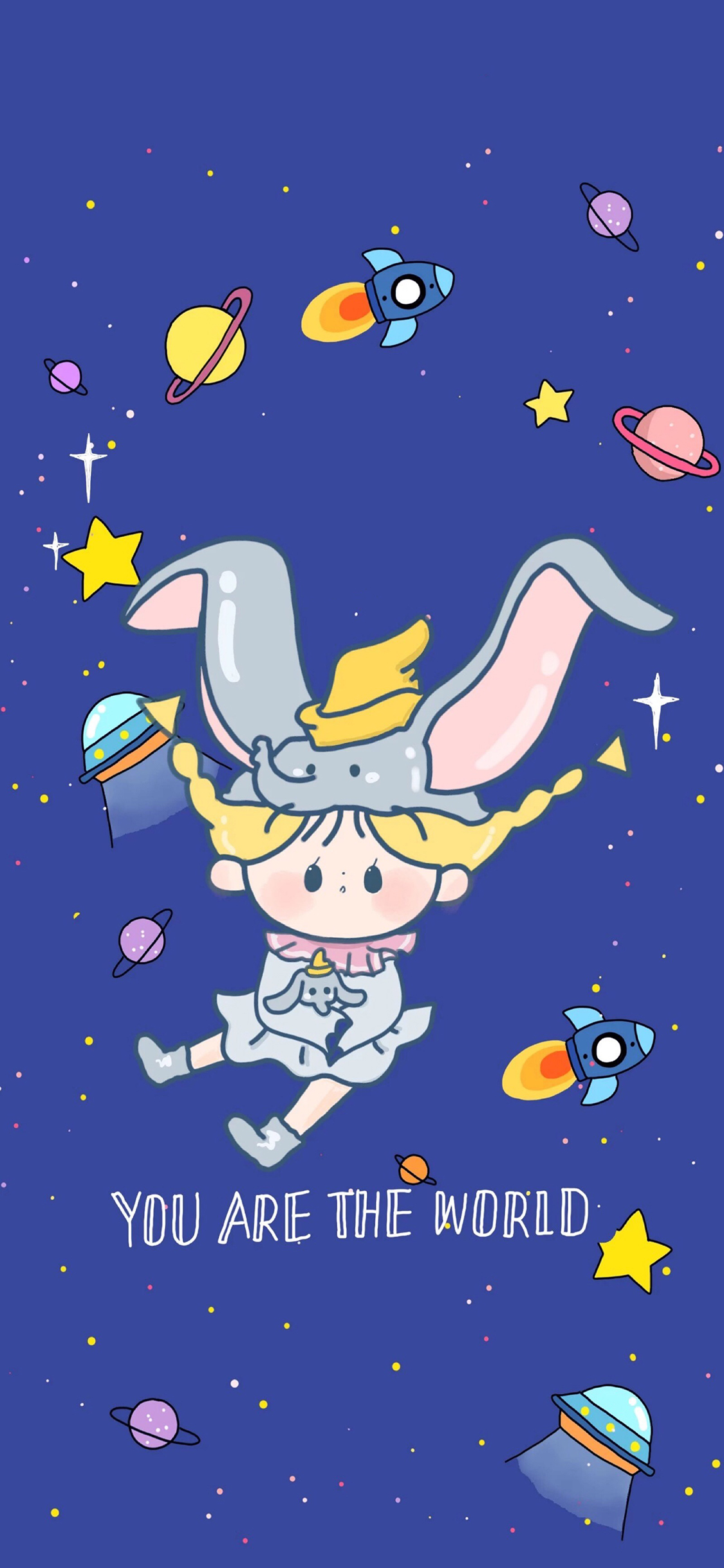 [2436×1125]卡通 小飞象 女孩 宇宙 行星 苹果手机动漫壁纸图片