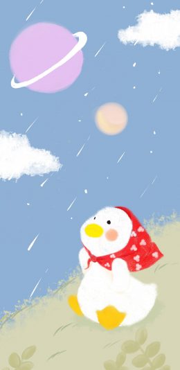 [2436x1125]卡通 小鸭子 头巾 行星 苹果手机动漫壁纸图片