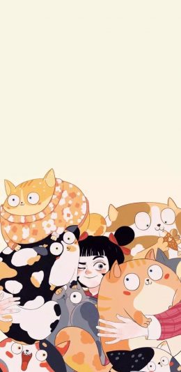 [2436x1125]卡通 少女 猫咪 密集 苹果手机动漫壁纸图片