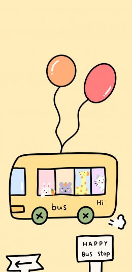 [2436x1125]卡通 巴士 兔子 长颈鹿 气球 黄色 苹果手机动漫壁纸图片