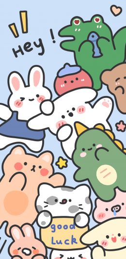 [2436x1125]卡通 平铺 猫咪 兔子 小恐龙 鳄鱼 苹果手机动漫壁纸图片