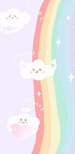 [2436x1125]卡通 彩虹 云朵 happy 苹果手机动漫壁纸图片