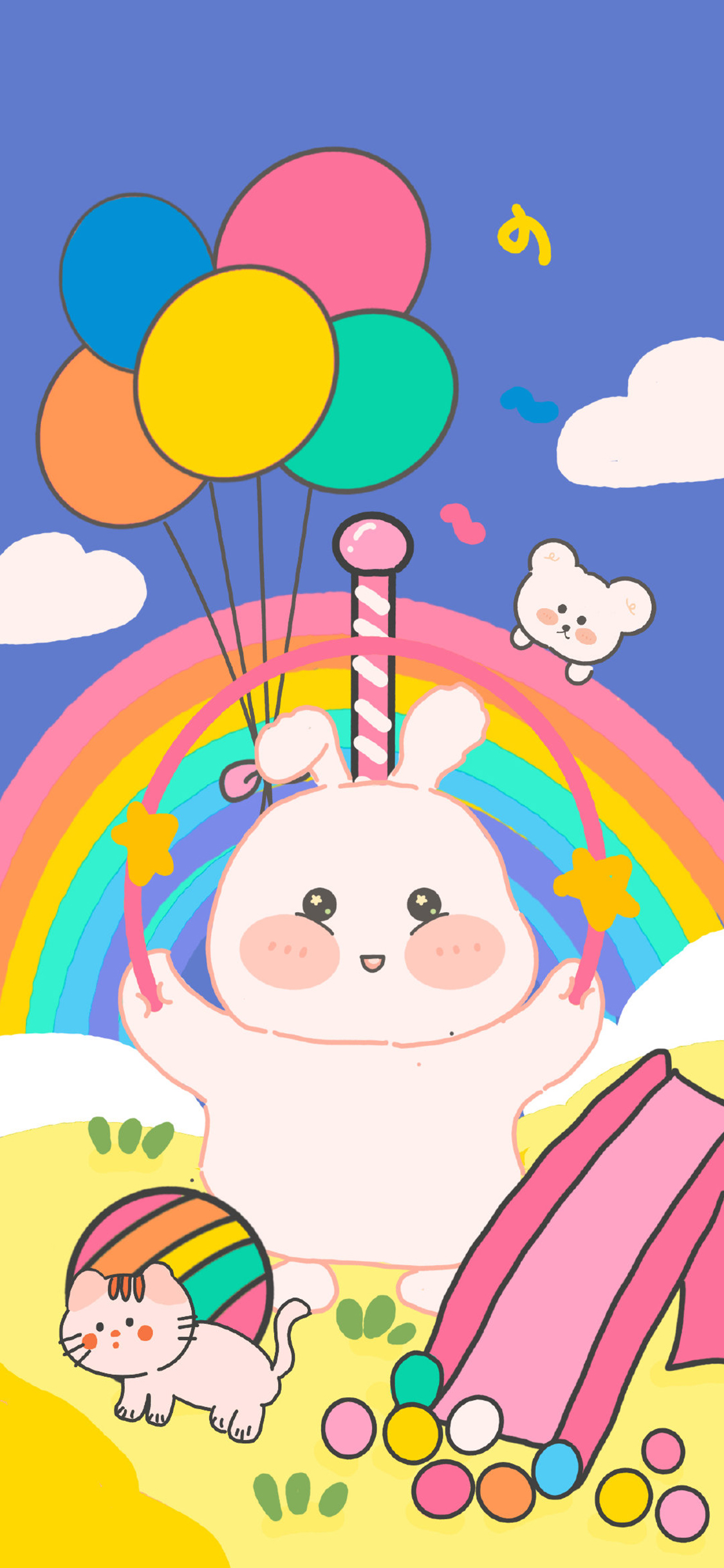 [2436×1125]卡通 彩虹 兔子 气球（取自微博：李哈哈） 苹果手机动漫壁纸图片