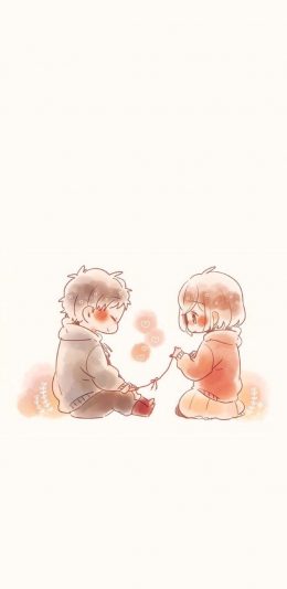 [2436x1125]卡通 情侣 可爱 两小无猜 苹果手机动漫壁纸图片