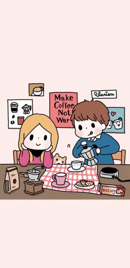 [2436x1125]卡通 情侣 咖啡 曲奇 苹果手机动漫壁纸图片