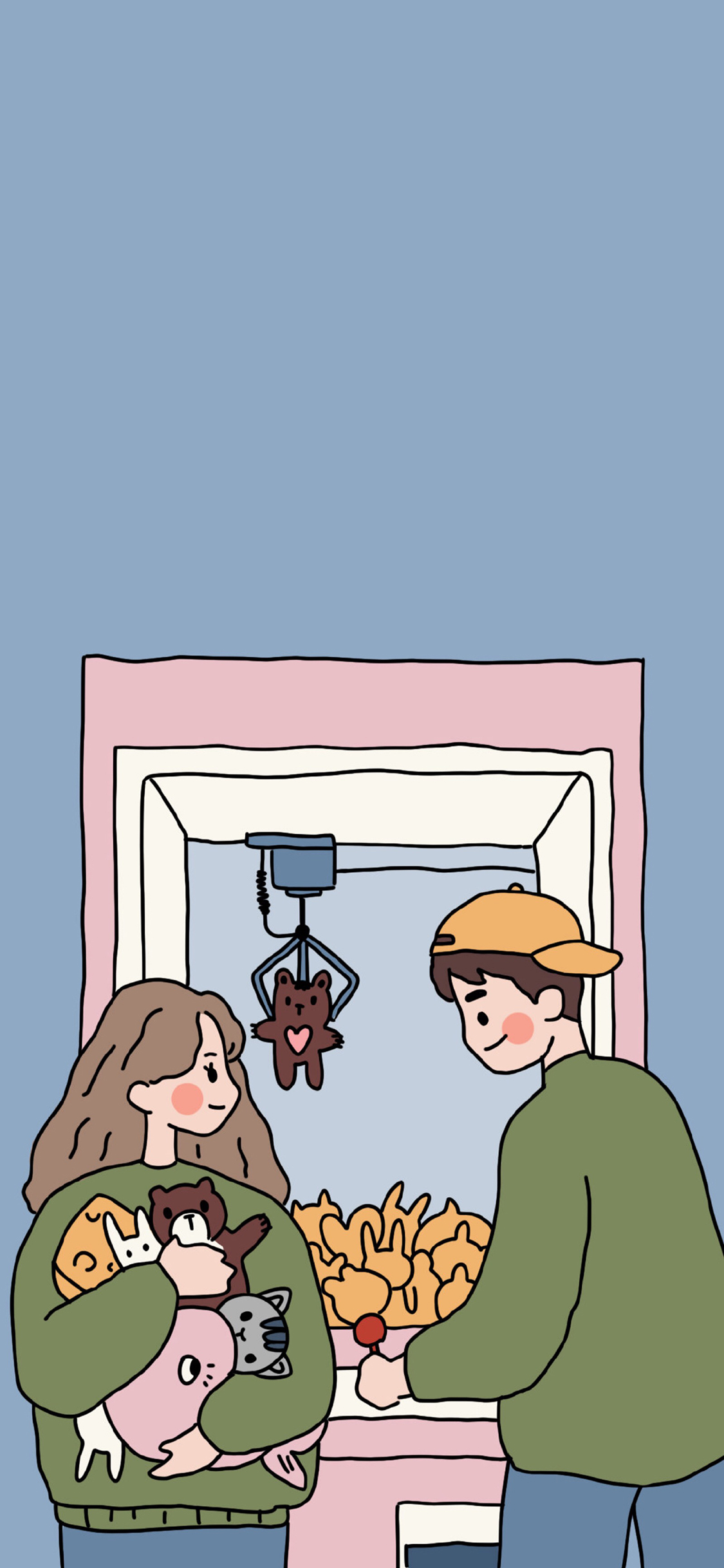 [2436×1125]卡通 情侣 夹娃娃 爱情 苹果手机动漫壁纸图片