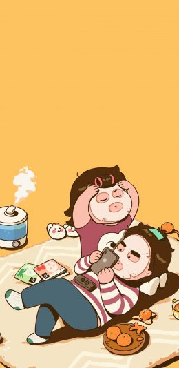 [2436x1125]卡通 情侣 敷面膜 有爱 苹果手机动漫壁纸图片