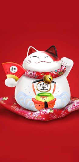 [2436x1125]卡通 招财猫 可爱 萌 红色 漫画 苹果手机动漫壁纸图片