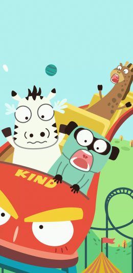 [2436x1125]卡通 插图 动物 斑马 长颈鹿 过山车 苹果手机动漫壁纸图片