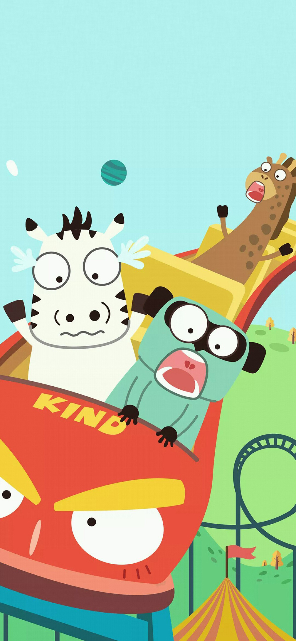 [2436×1125]卡通 插图 动物 斑马 长颈鹿 过山车 苹果手机动漫壁纸图片