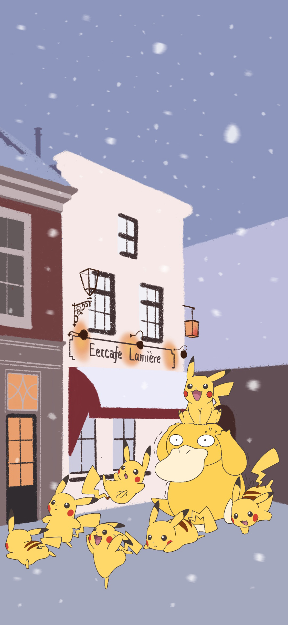 [2436×1125]卡通 插图 可达鸭 皮卡丘（取自微博：力力君） 苹果手机动漫壁纸图片