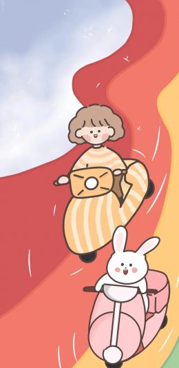 [2436x1125]卡通 插图 女孩 兔子 彩虹 苹果手机动漫壁纸图片