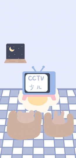 [2436x1125]卡通 插图 小熊 兔子 看电视 CCTV 苹果手机动漫壁纸图片