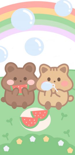 [2436x1125]卡通 插图 小熊 彩虹 西瓜 苹果手机动漫壁纸图片