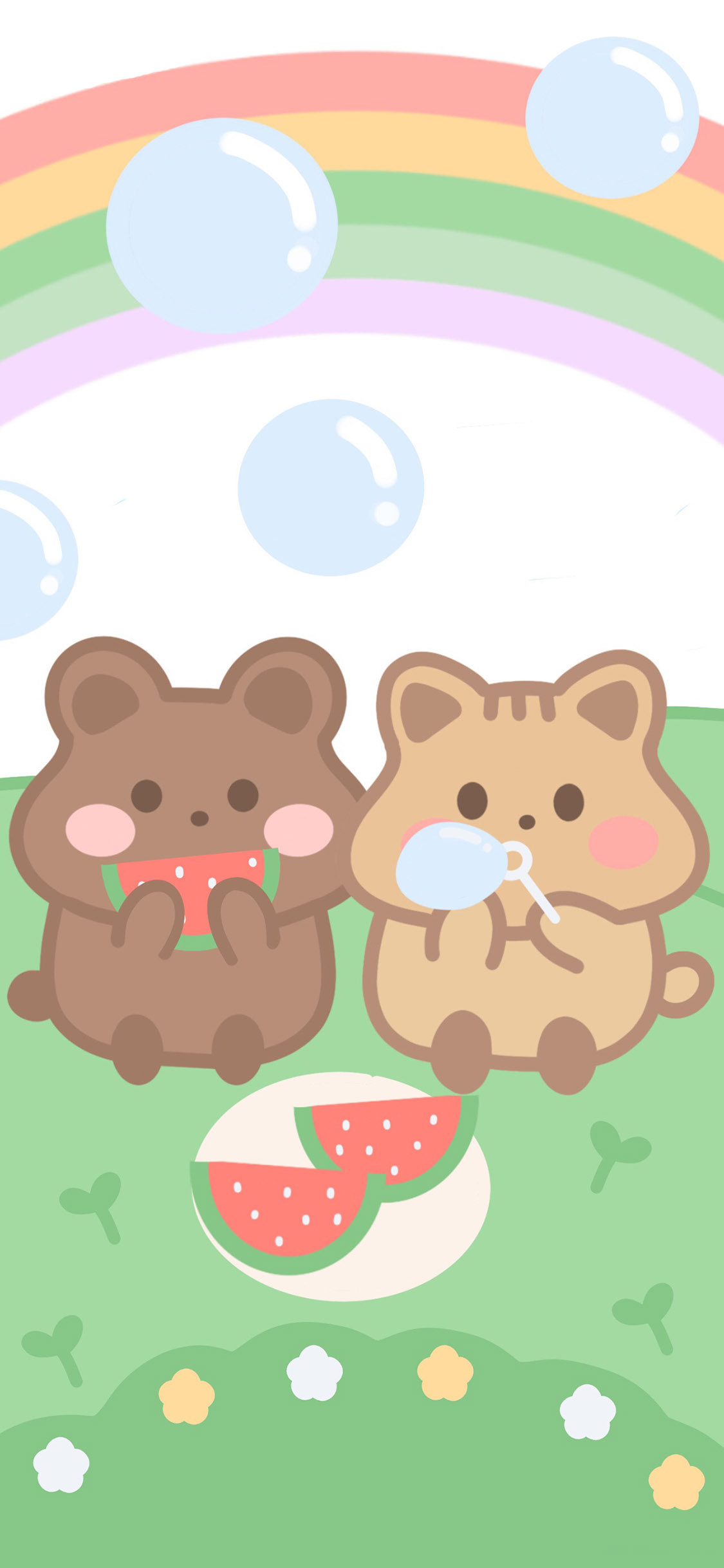 [2436×1125]卡通 插图 小熊 彩虹 西瓜 苹果手机动漫壁纸图片