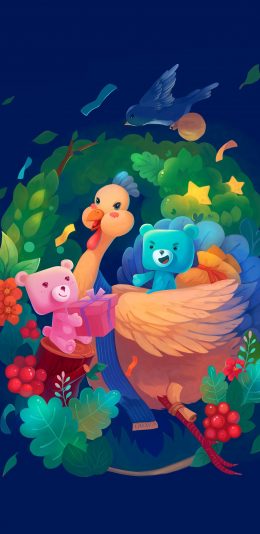 [2436x1125]卡通 插图 小熊 鸡 苹果手机动漫壁纸图片