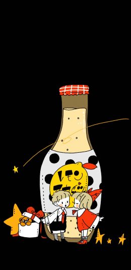 [2436x1125]卡通 插图 情侣 瓶子 苹果手机动漫壁纸图片