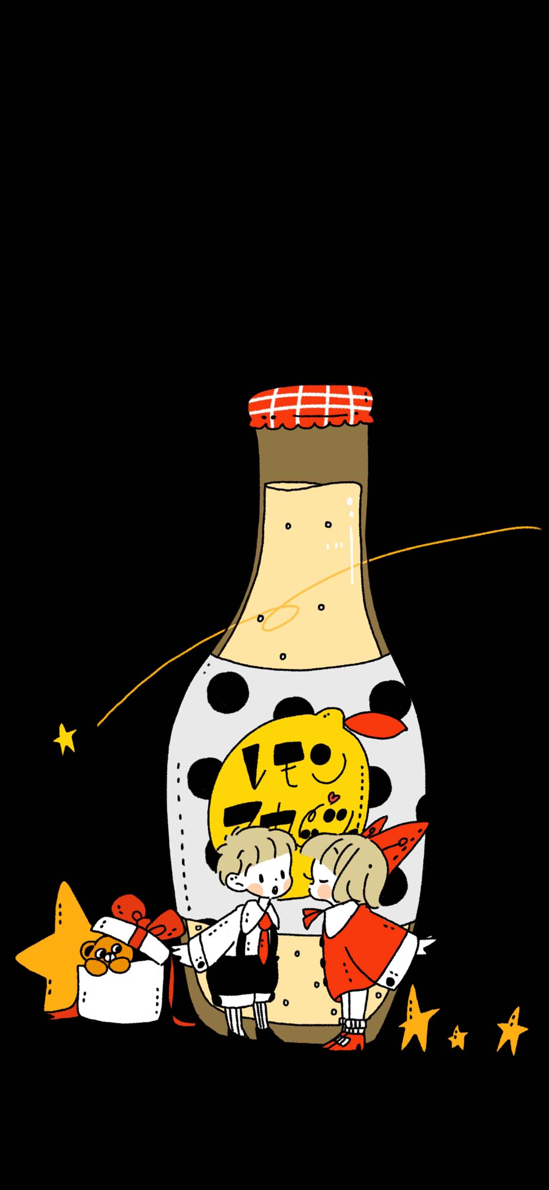 [2436×1125]卡通 插图 情侣 瓶子 苹果手机动漫壁纸图片