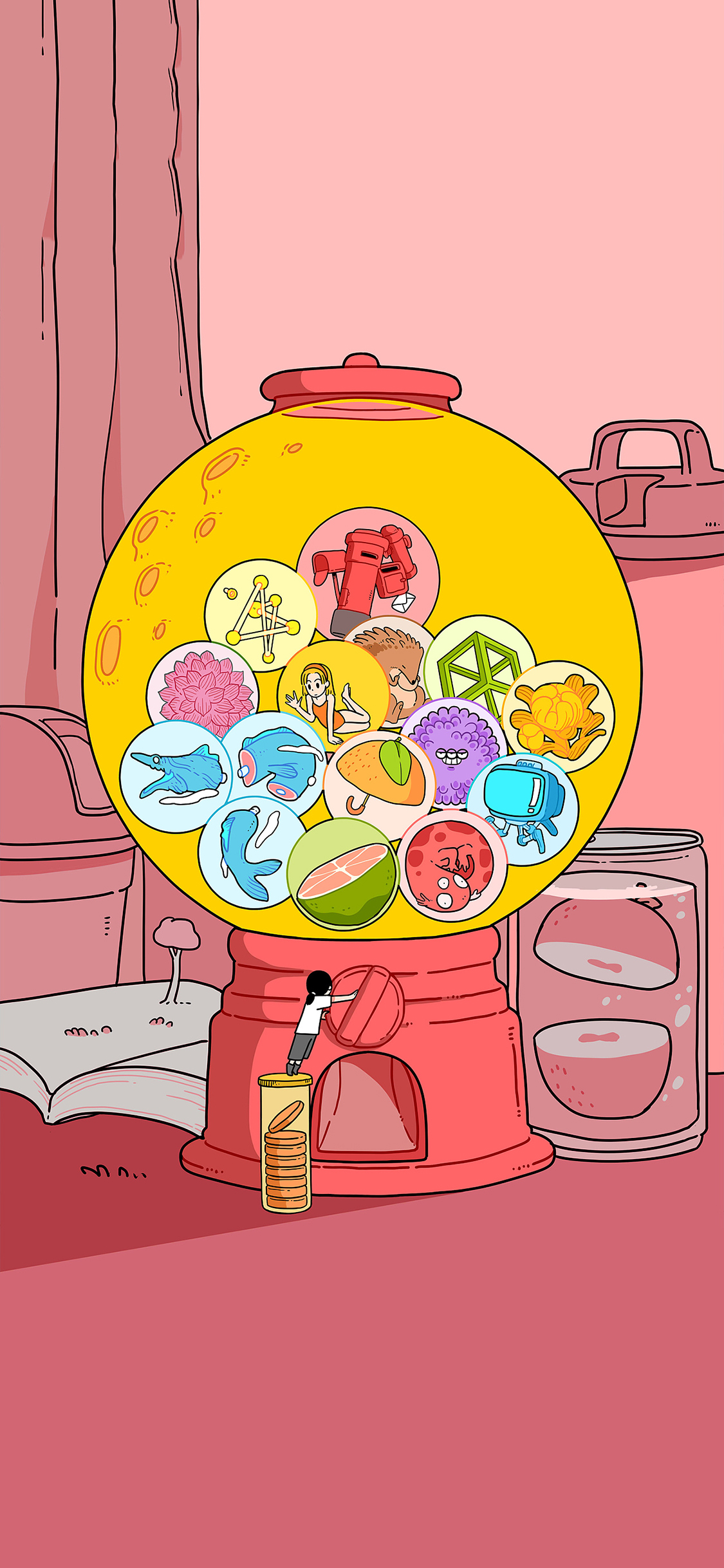 [2436×1125]卡通 插图 扭蛋机 童年 苹果手机动漫壁纸图片