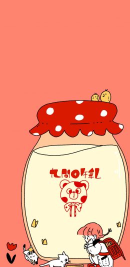 [2436x1125]卡通 插图 牛乳 女孩 猫咪 苹果手机动漫壁纸图片