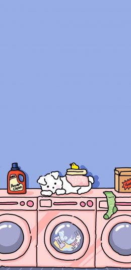 [2436x1125]卡通 插图 狗狗 洗衣机 苹果手机动漫壁纸图片