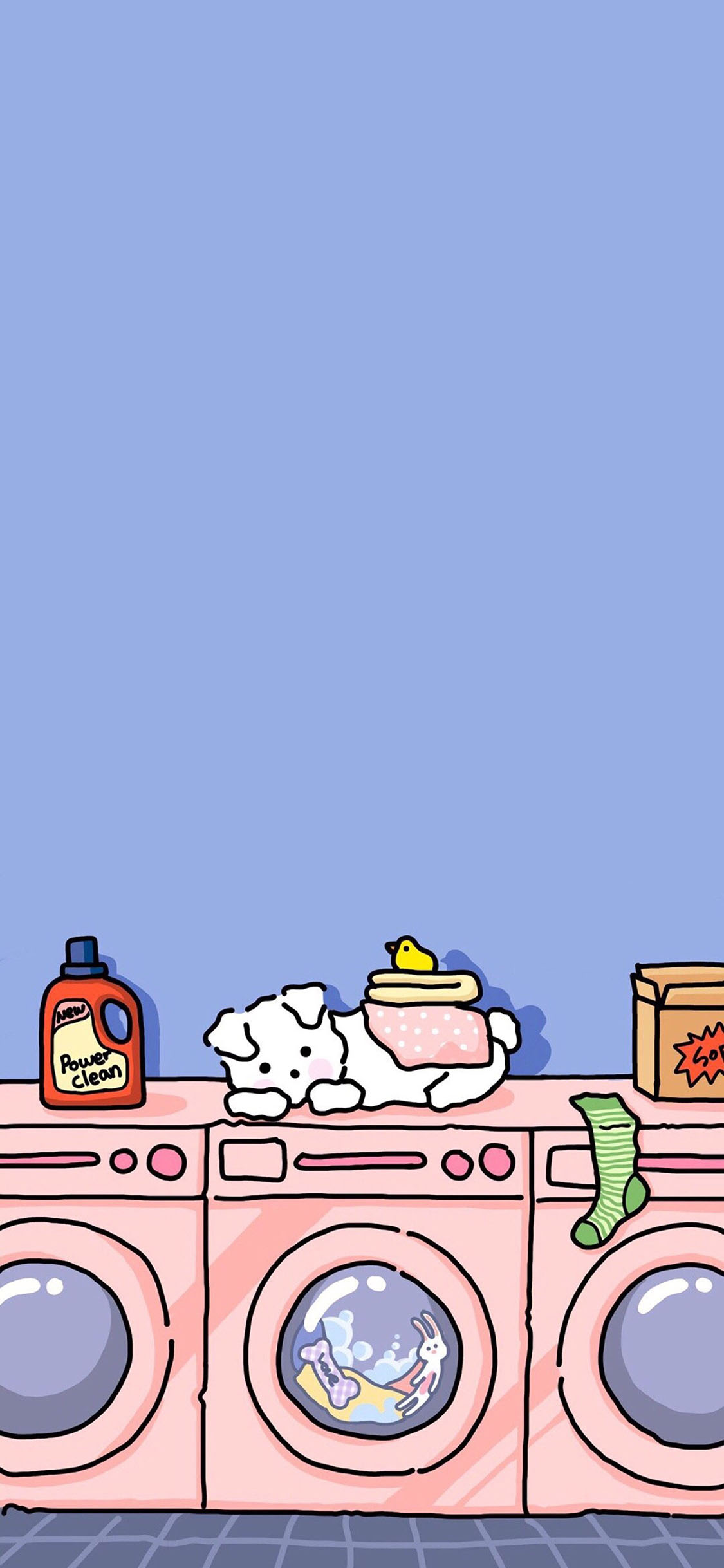 [2436×1125]卡通 插图 狗狗 洗衣机 苹果手机动漫壁纸图片