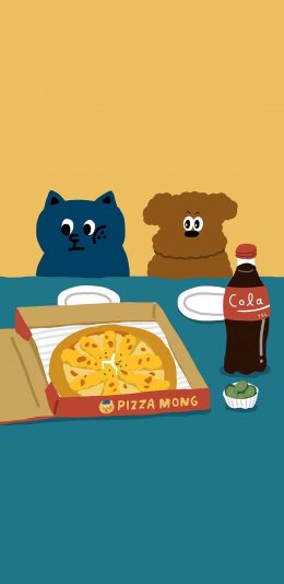 [2436x1125]卡通 插图 猫咪 狗狗 披萨 苹果手机动漫壁纸图片