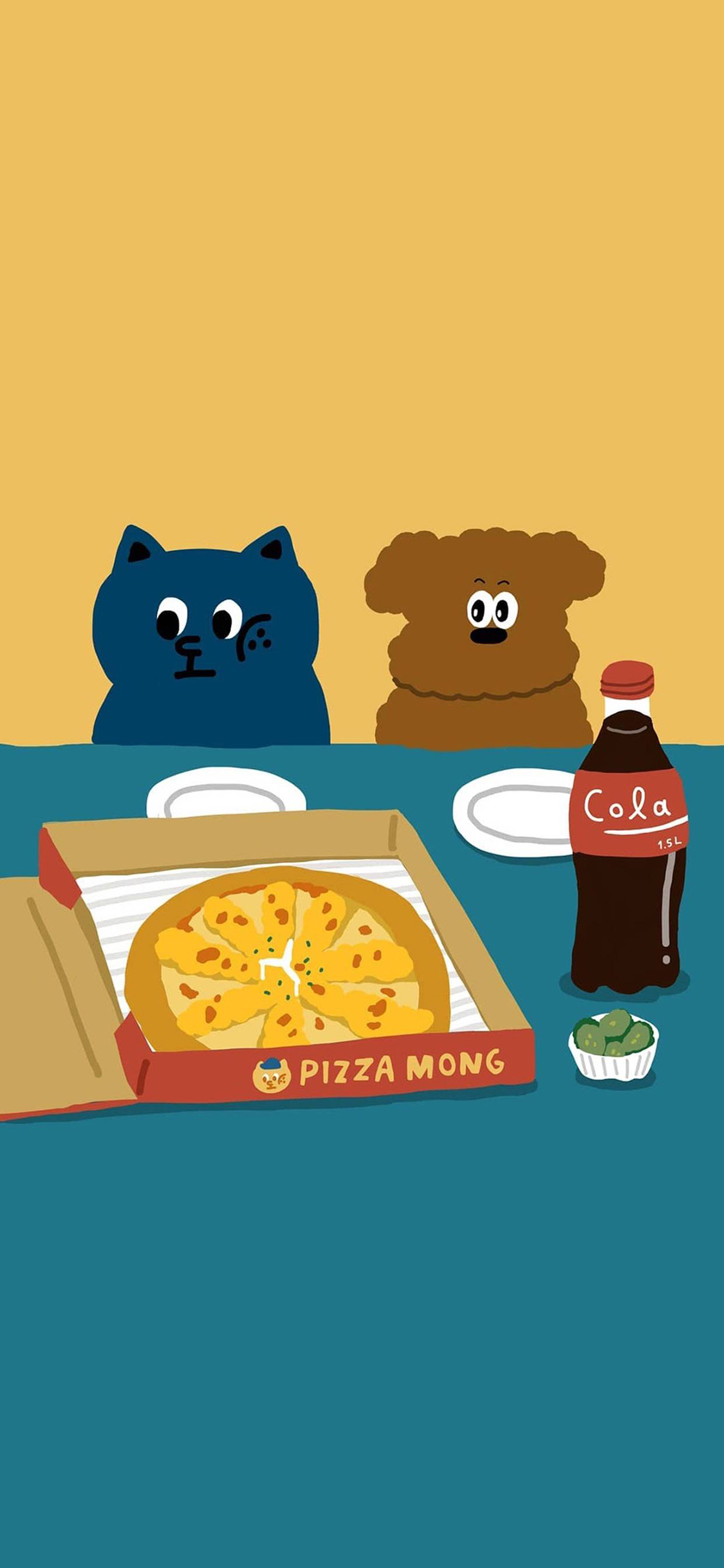 [2436×1125]卡通 插图 猫咪 狗狗 披萨 苹果手机动漫壁纸图片