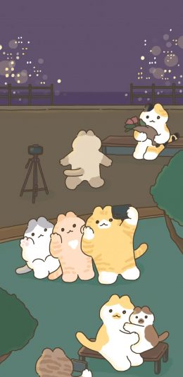 [2436x1125]卡通 插图 猫咪 自拍 苹果手机动漫壁纸图片