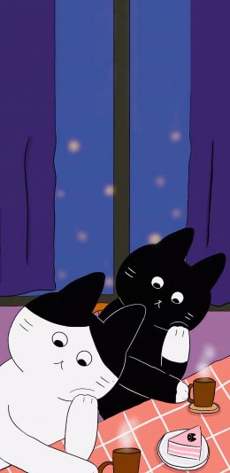 [2436x1125]卡通 插图 猫咪 黑白 苹果手机动漫壁纸图片