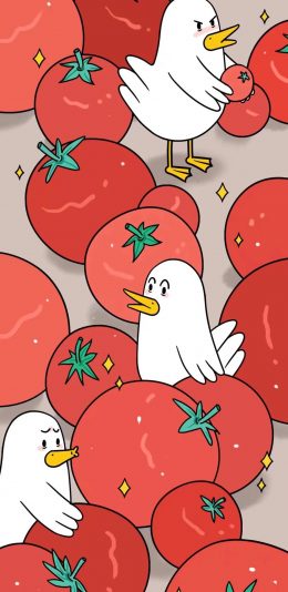 [2436x1125]卡通 插图 番茄 白鸭 苹果手机动漫壁纸图片