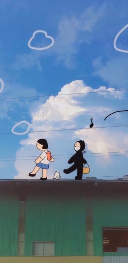 [2436x1125]卡通 插图 行走 蓝天白云 苹果手机动漫壁纸图片