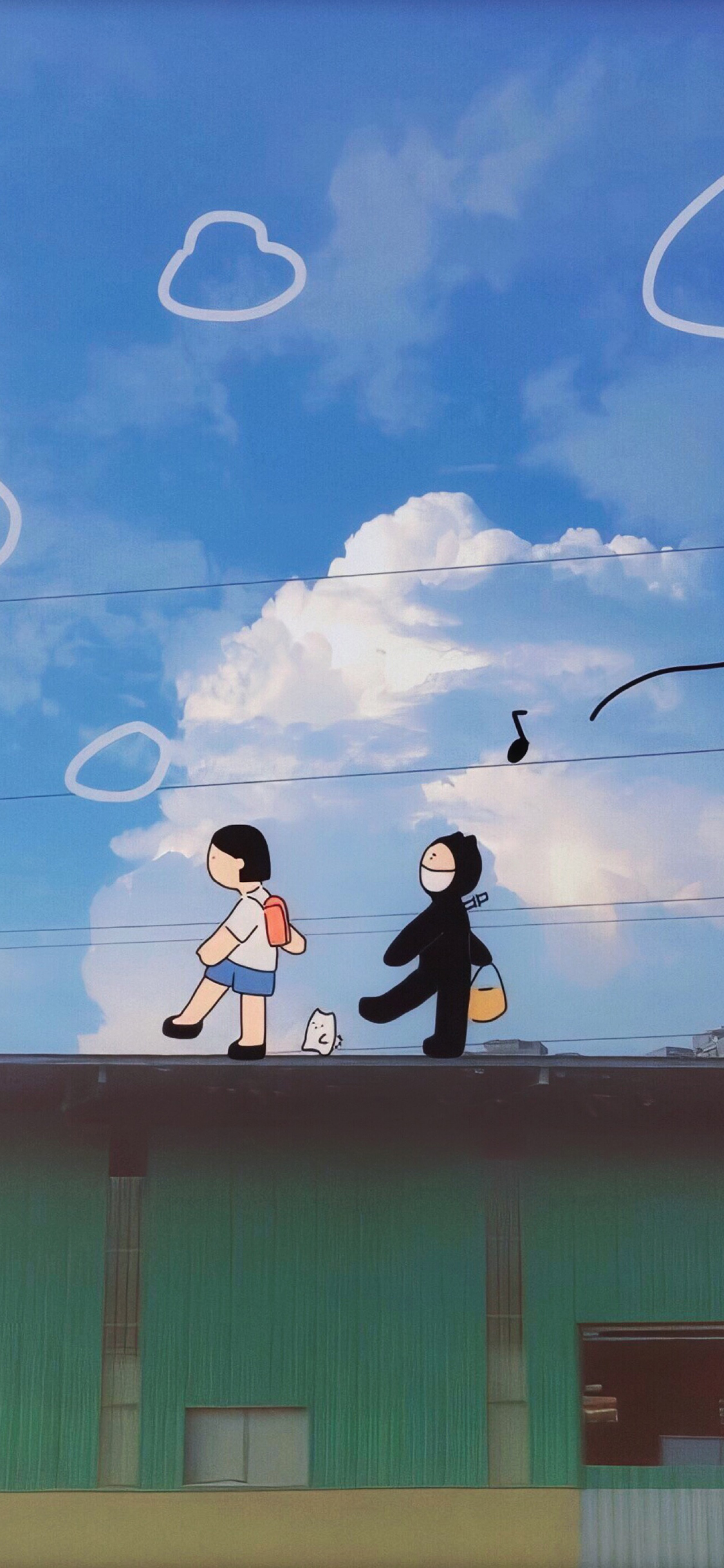 [2436×1125]卡通 插图 行走 蓝天白云 苹果手机动漫壁纸图片