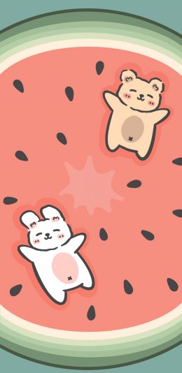 [2436x1125]卡通 插图 西瓜 兔子 小熊 苹果手机动漫壁纸图片