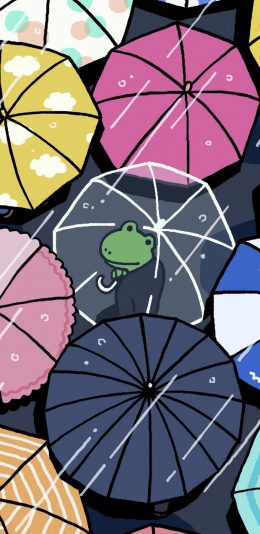 [2436x1125]卡通 插图 青蛙 雨伞 苹果手机动漫壁纸图片