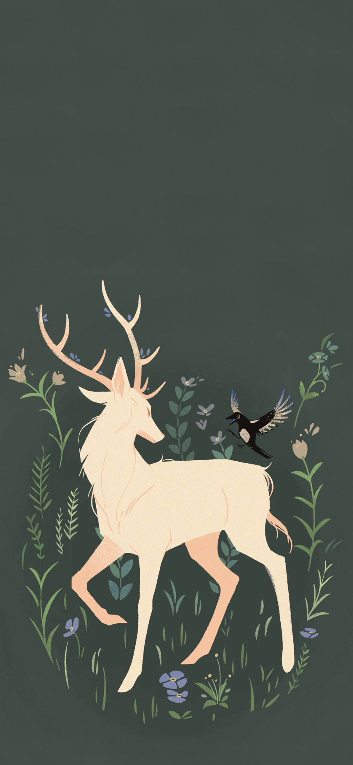 [2436×1125]卡通 插图 驯鹿 花草 飞鸟 清新 苹果手机动漫壁纸图片