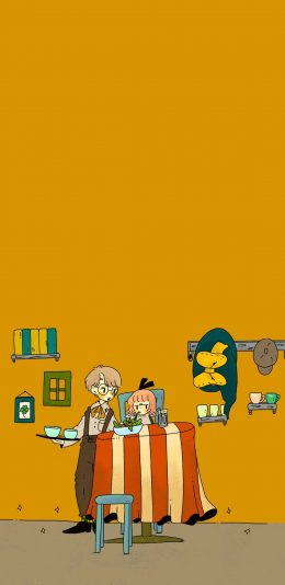 [2436x1125]卡通 插画 房间 男女 饮食 苹果手机动漫壁纸图片