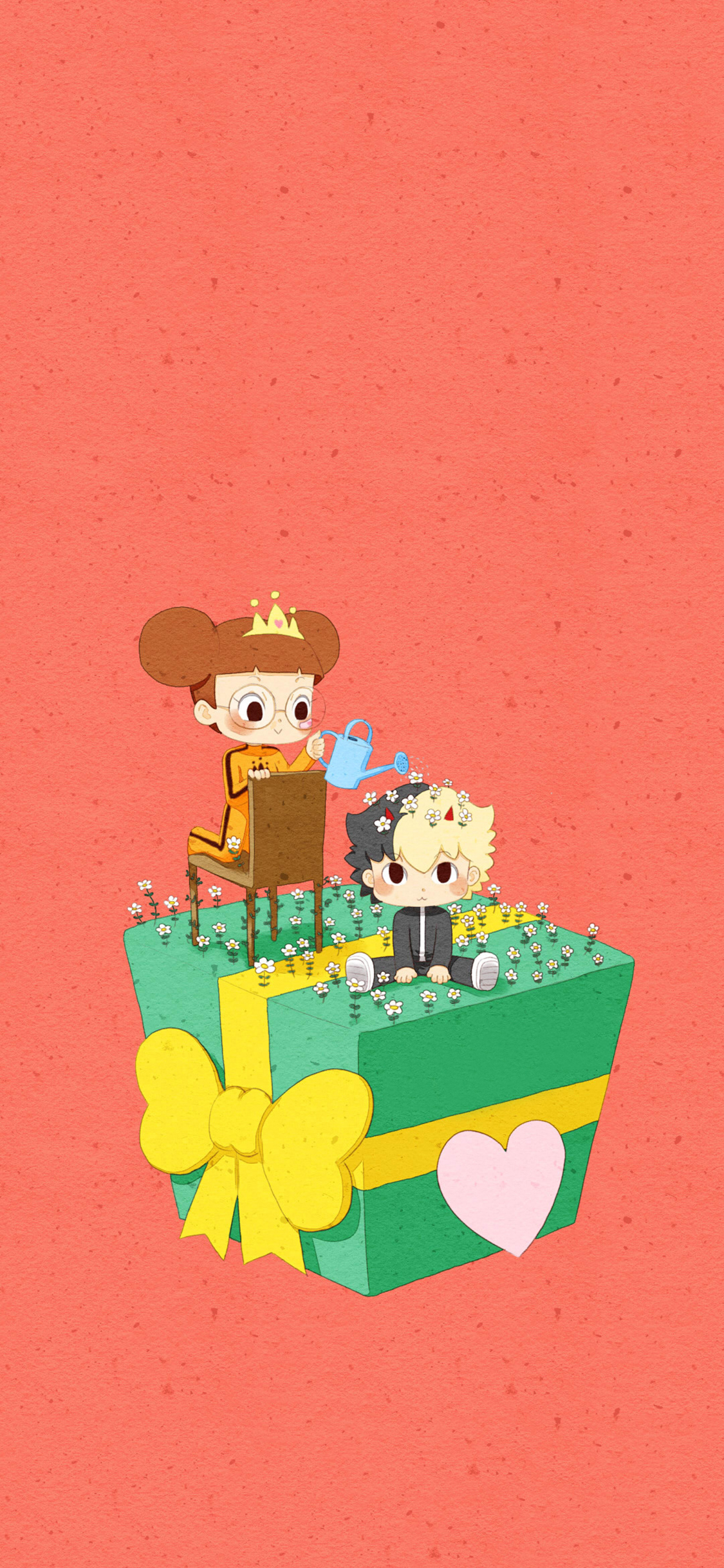 [2436×1125]卡通 插画 男孩 女孩 礼物盒 苹果手机动漫壁纸图片