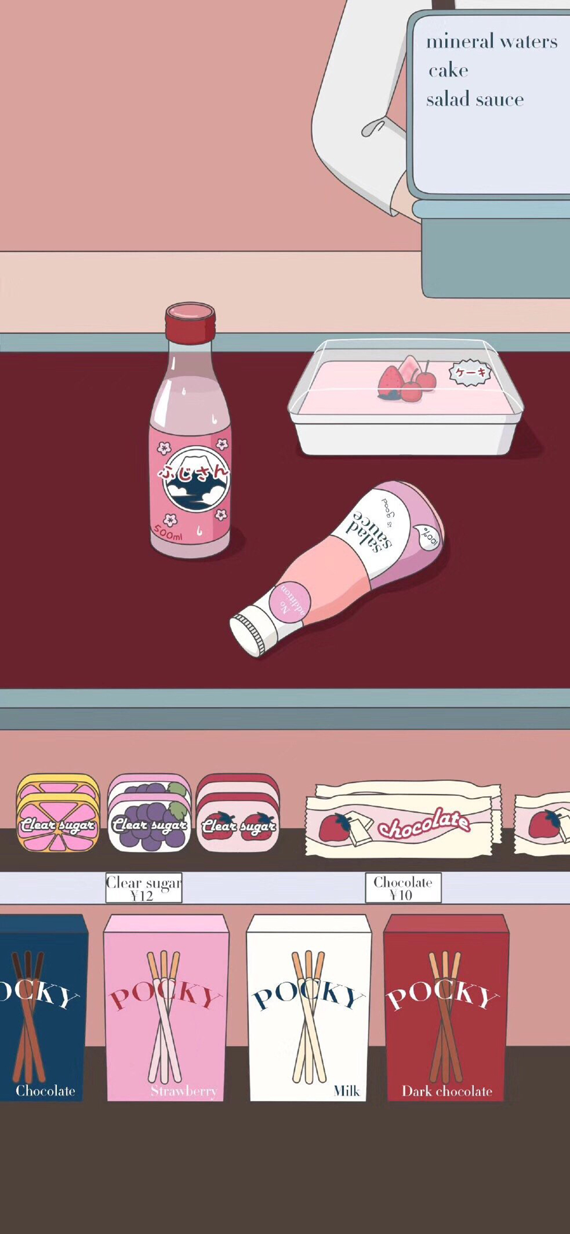 [2436×1125]卡通 收银台 零食 饮品 苹果手机动漫壁纸图片