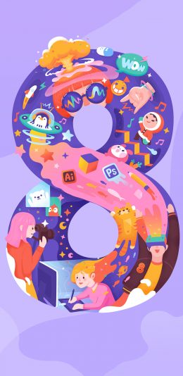 [2436x1125]卡通 数字8 人物拼凑 创意 色彩 苹果手机动漫壁纸图片
