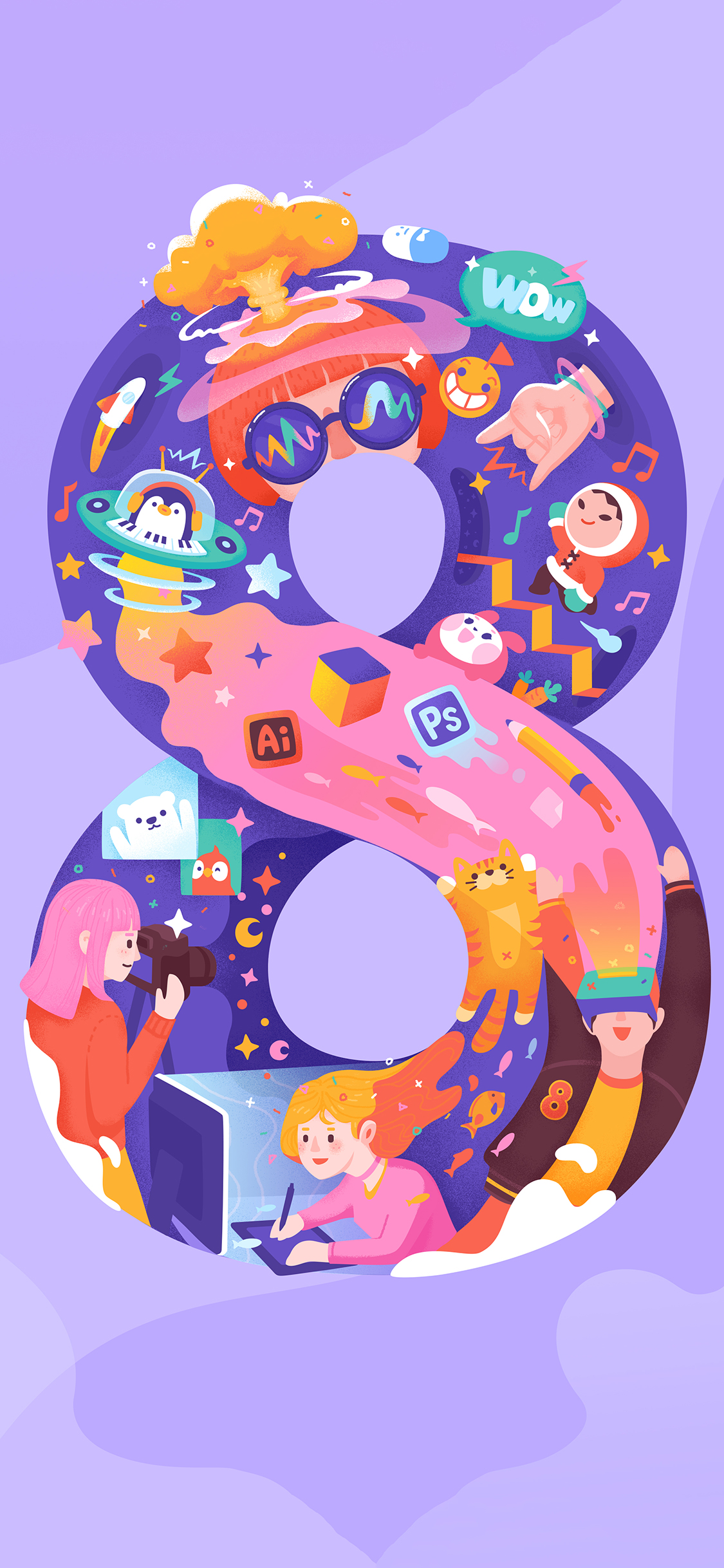 [2436×1125]卡通 数字8 人物拼凑 创意 色彩 苹果手机动漫壁纸图片