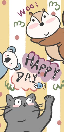 [2436x1125]卡通 松鼠 猫咪 可爱 happy day 苹果手机动漫壁纸图片